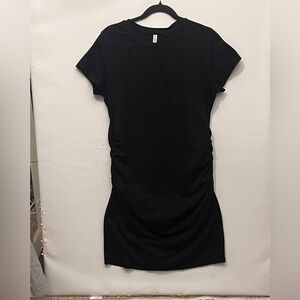 LaughIdo Classic Black Ruched Stretchy Short Sleeve Midi Dress Large